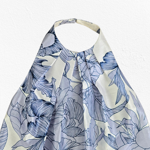 Keepsake Blue White Floral Satin Halter High Neck Backless Blouse Size XS - Picture 3 of 8